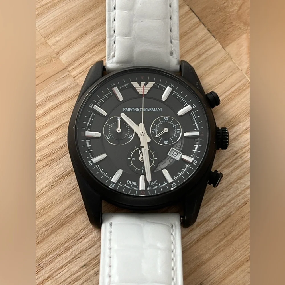 Emporio Armani Chronograph Watch Black Solid Stainless Case White Leather Strap